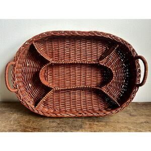 Vintage Brown Rattan Wicker Oval Divided Serving Tray with Handles
